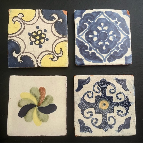 Mexican Hand Painted Terra-Cotta Talavera Vintage Tiles Set of 4 - Picture 1 of 15